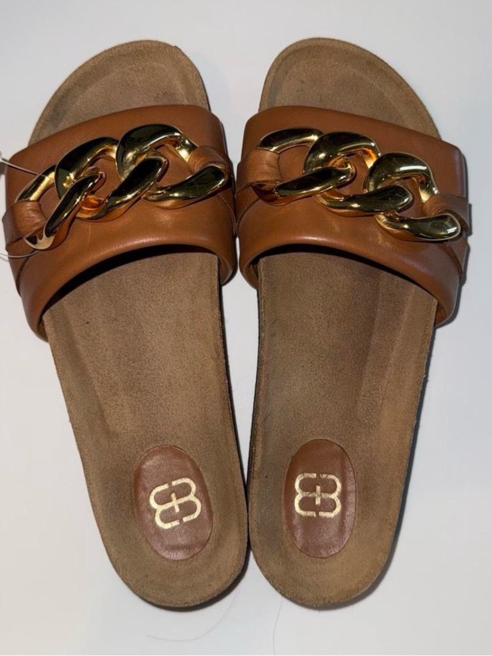 Tan Slide Sandals with Gold Chain Accent by